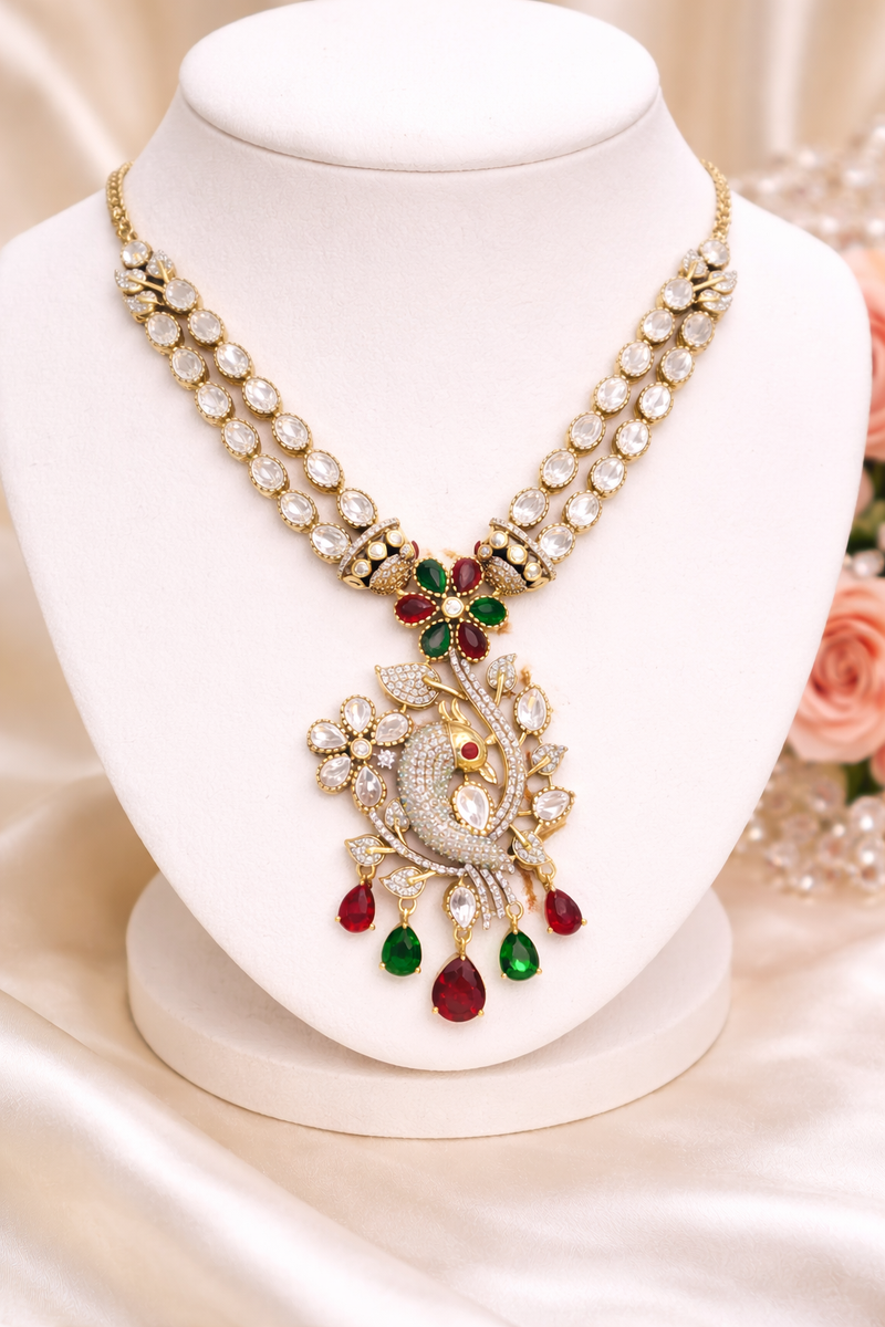Dual Strand Floral Peacock Pendant Necklace