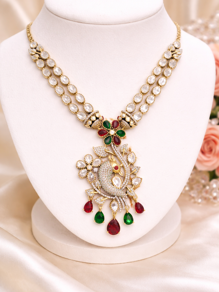 Dual Strand Floral Peacock Pendant Necklace