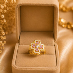Gold Plated Pink Floral Crystal Ring for Women