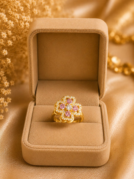 Gold Plated Pink Floral Crystal Ring for Women